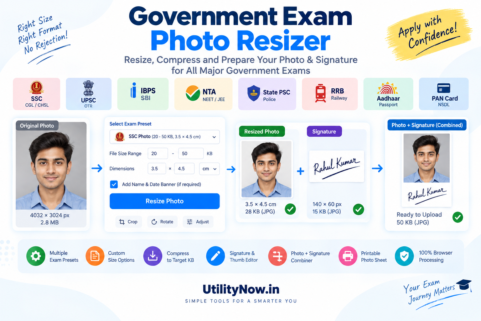 Government exam photo resizer showing SSC UPSC IBPS and NTA photo and signature size options